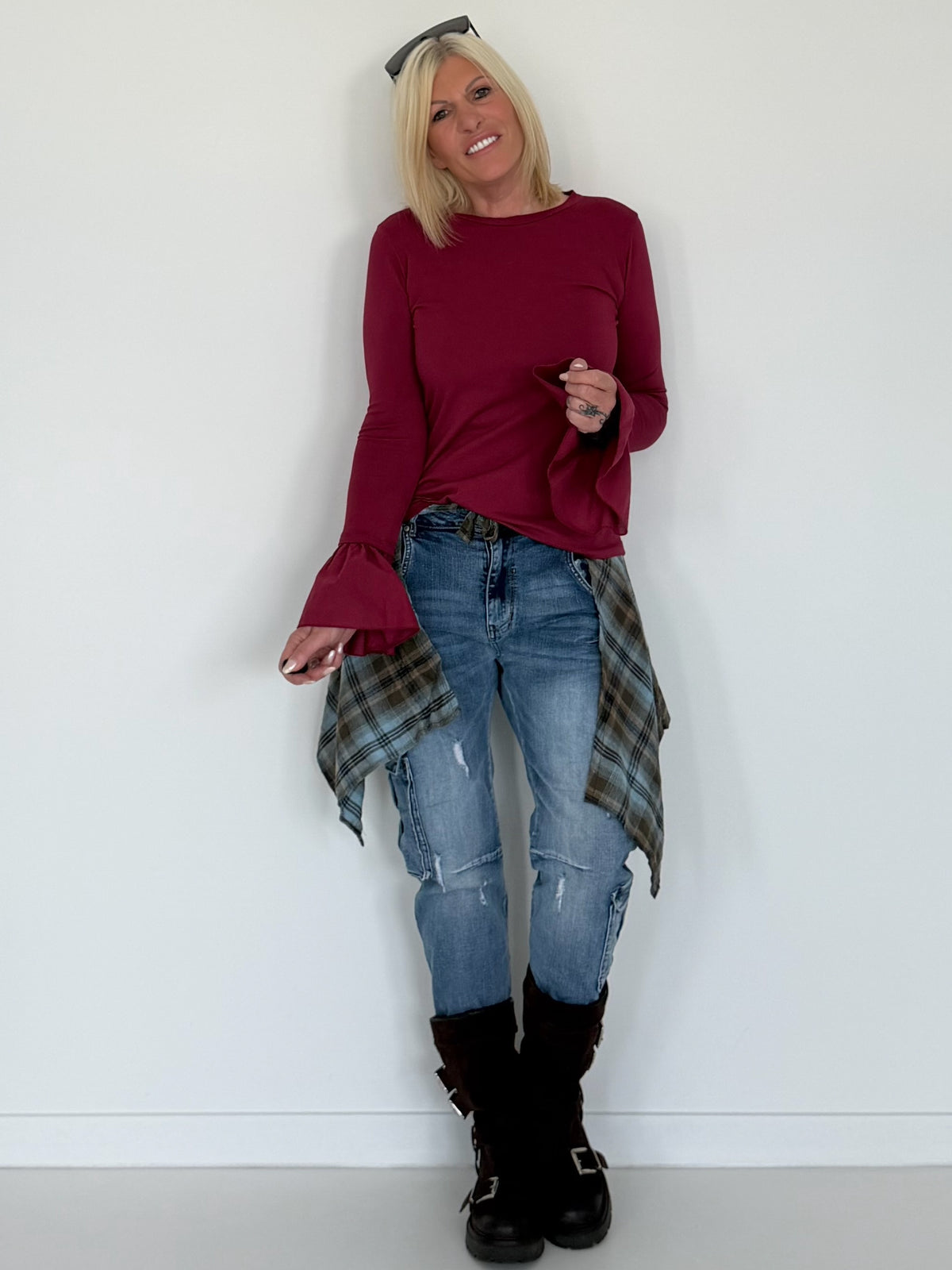 Shirt mit Trompetenärmelchen - burgundi