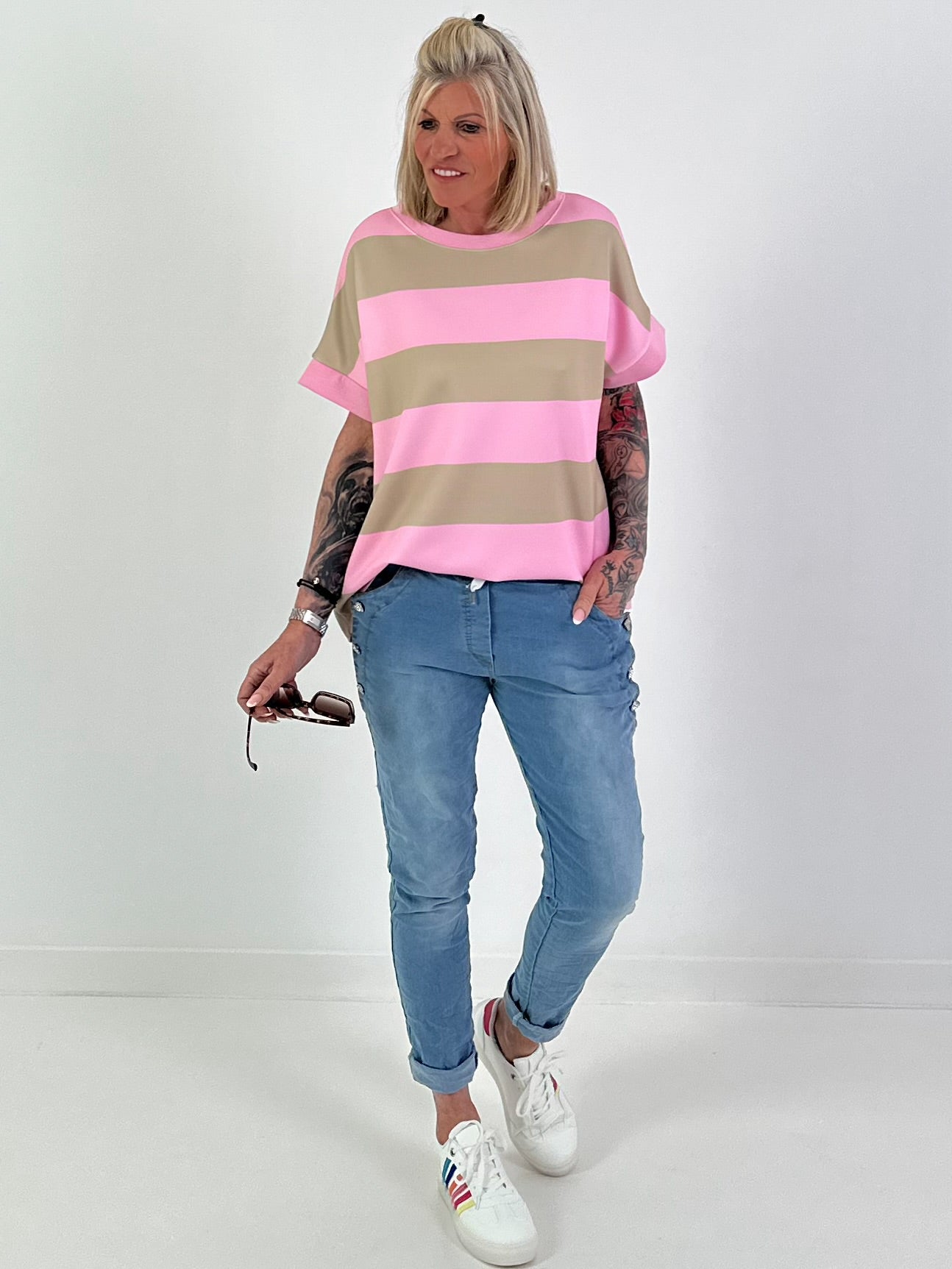 Sweat T-Shirt mit Streifen - taupe-rosa
