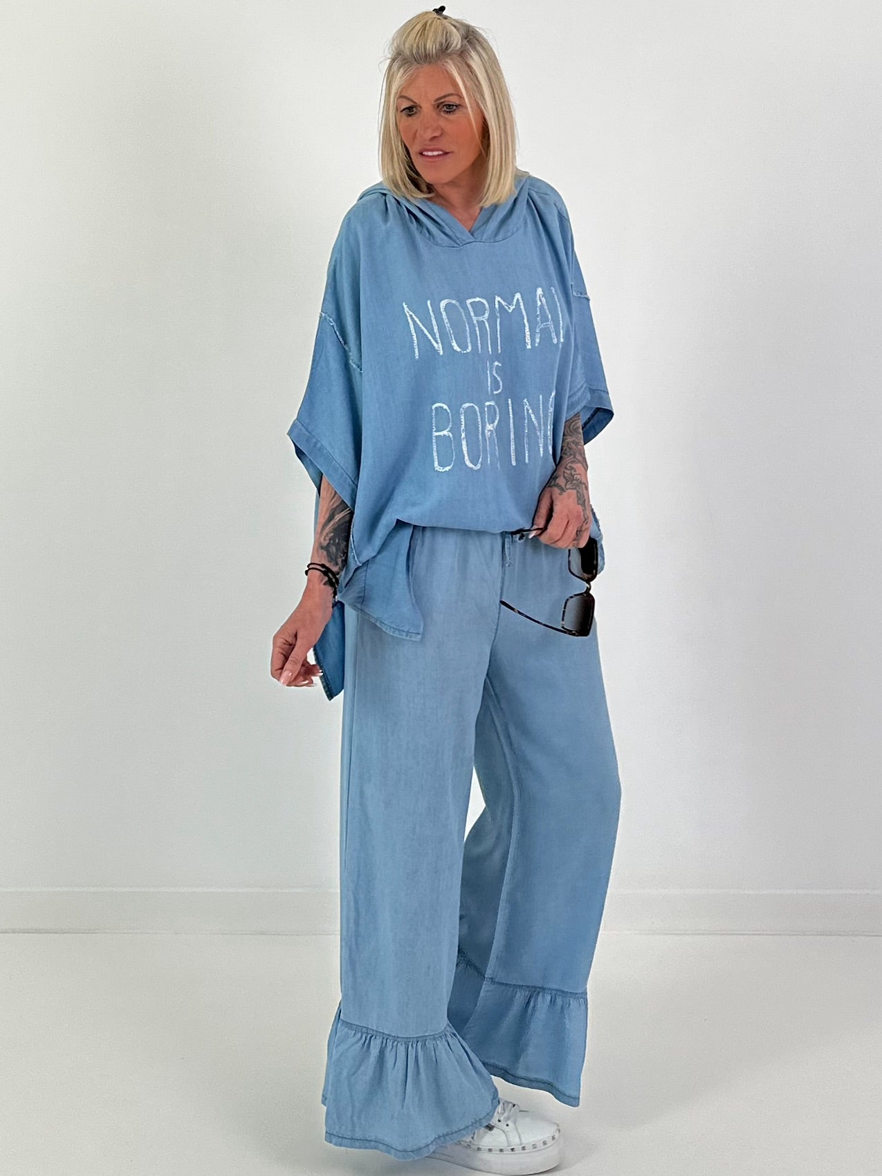Oversized Hooded Denim Shirt - Light Blue