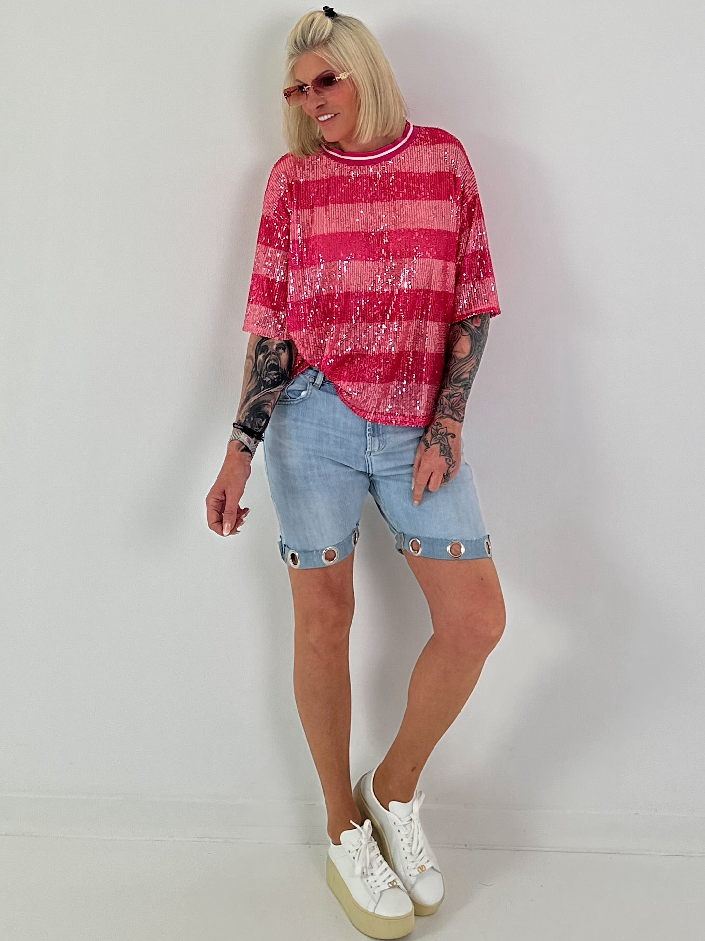 Pailletten Shirt mit Streifen - pink-rosa