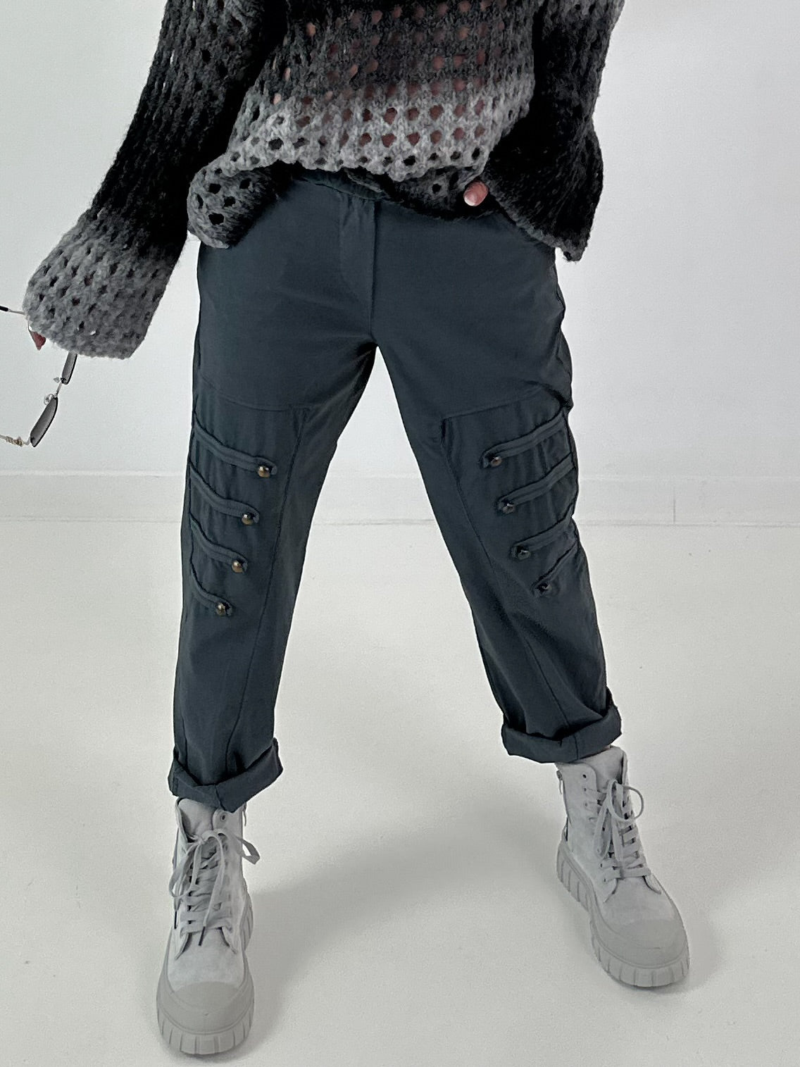 Trousers with elasticated waistband and button details - anthracite