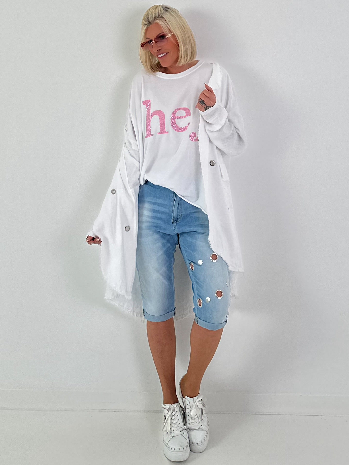 Linen Short Coat with Eyelets - white