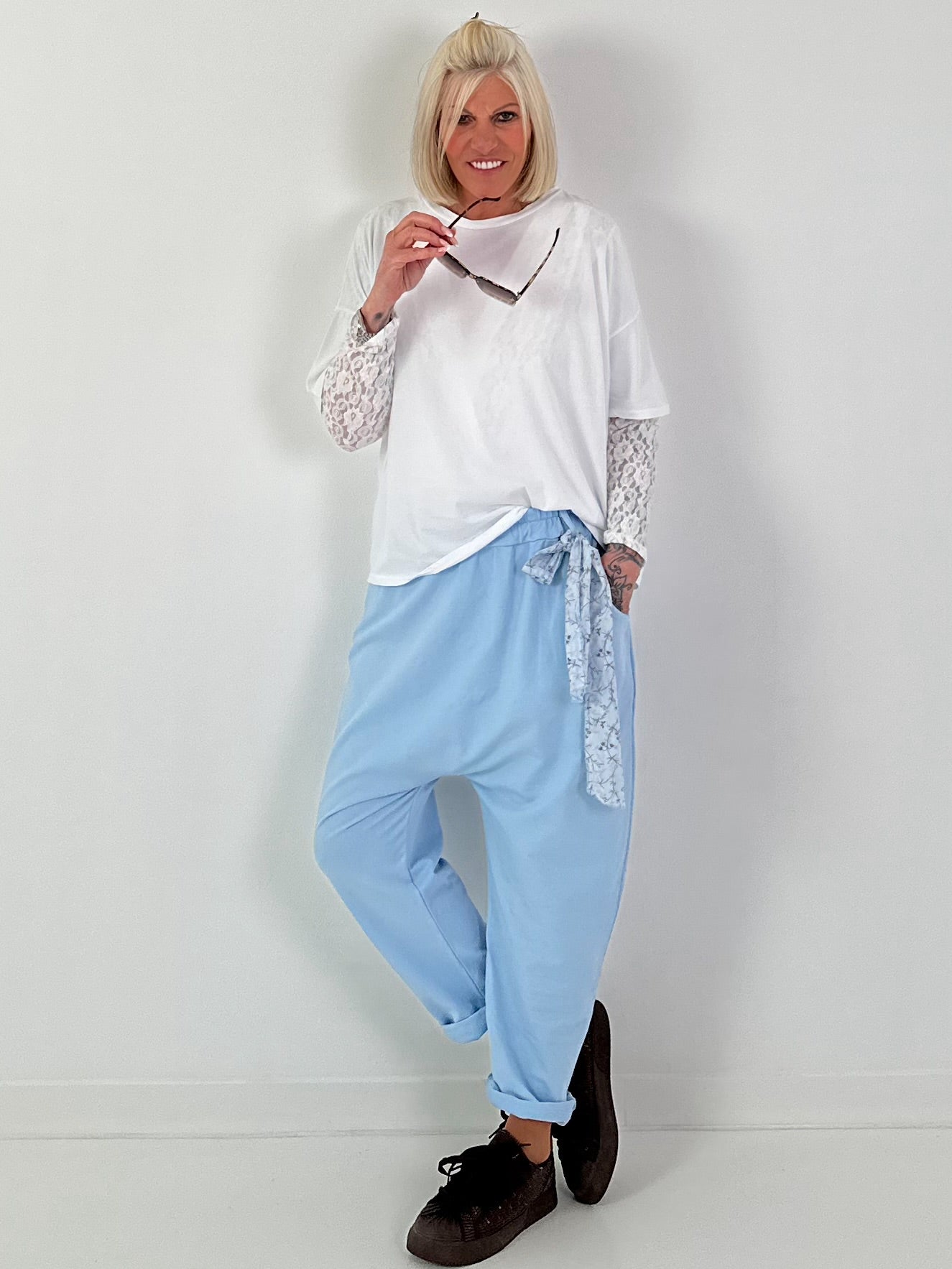 Baggy Trousers with Decorative Scarf - Light Blue
