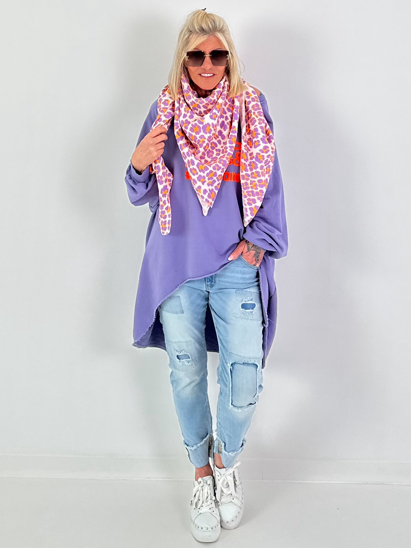 XL Musselin Tuch mit Leo Muster - weiss-neonorange-flieder