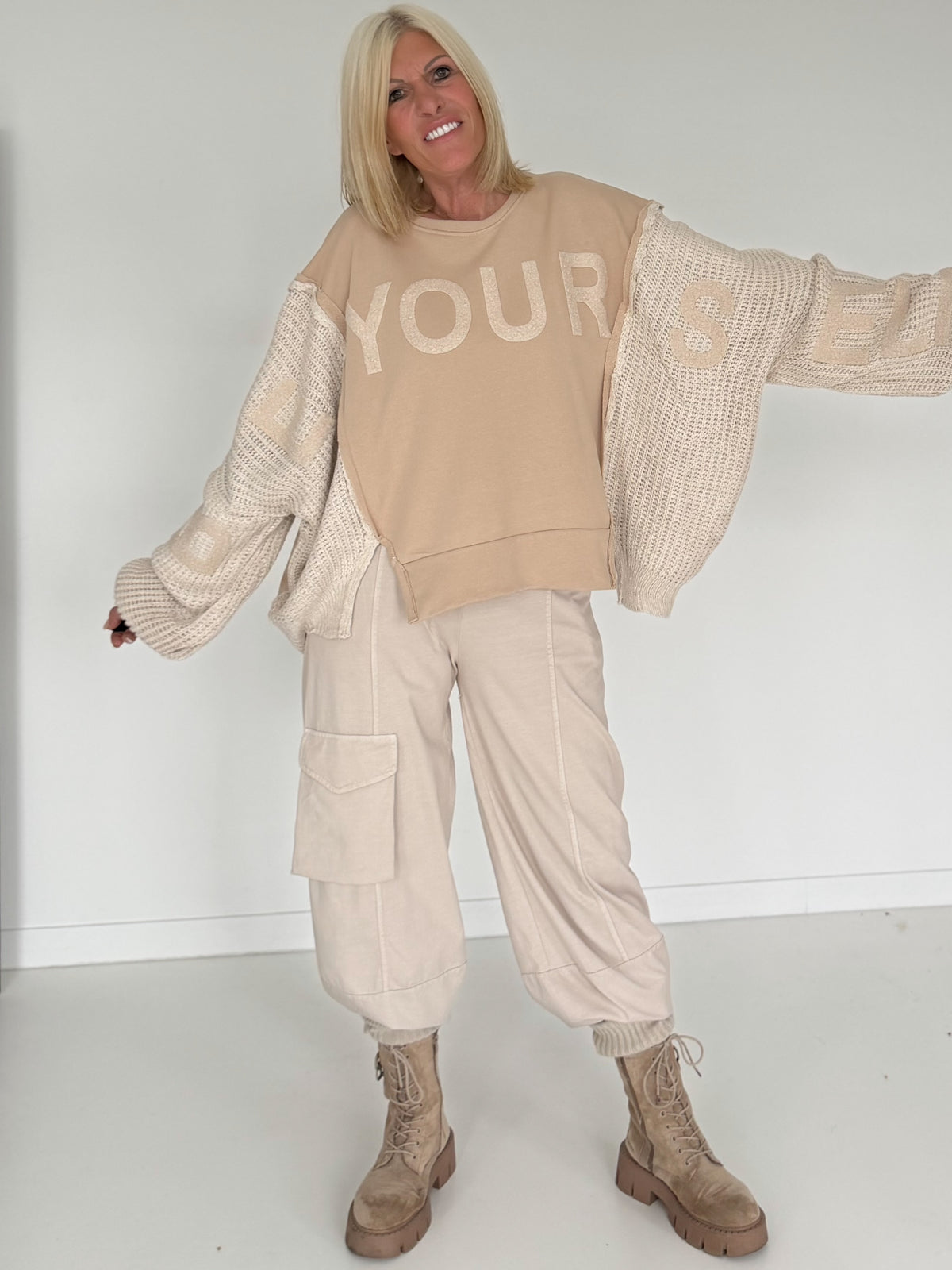 Sweater with knitted inserts - beige