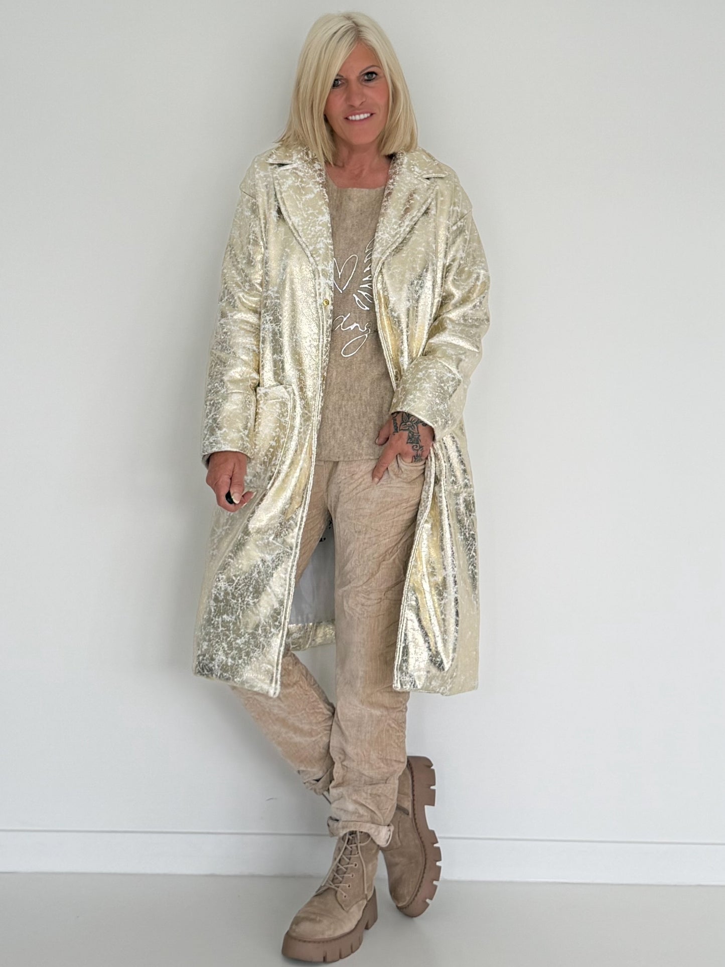 Hose in Knit-Look mit elastischem Bund - beige