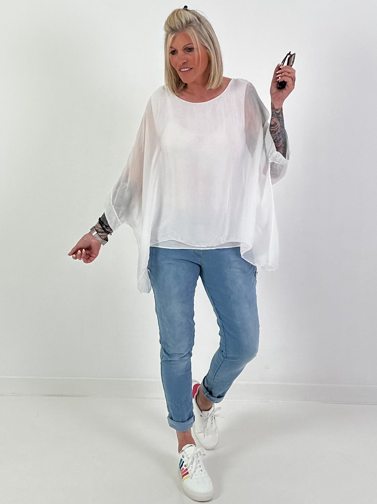Silk tunic with integrated undershirt - white