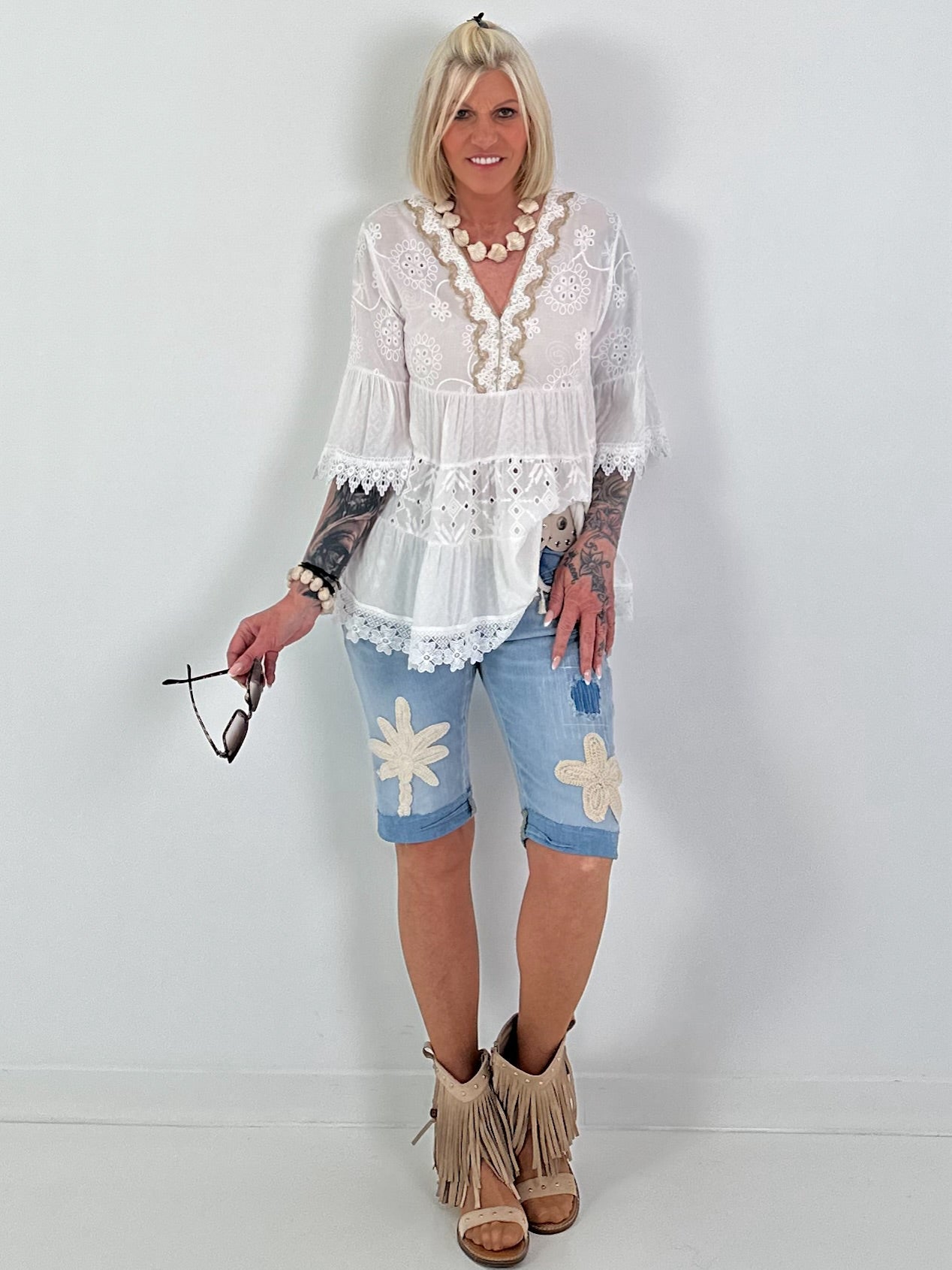 Boho tunic with embroidery and crochet details - white
