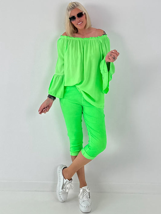 Carmen Tunic with Flounce Sleeves - neon green