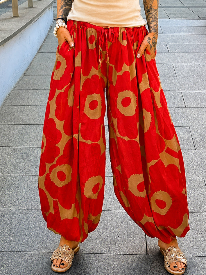 Leichte Pumphose mit floralem Print  - rot-camel