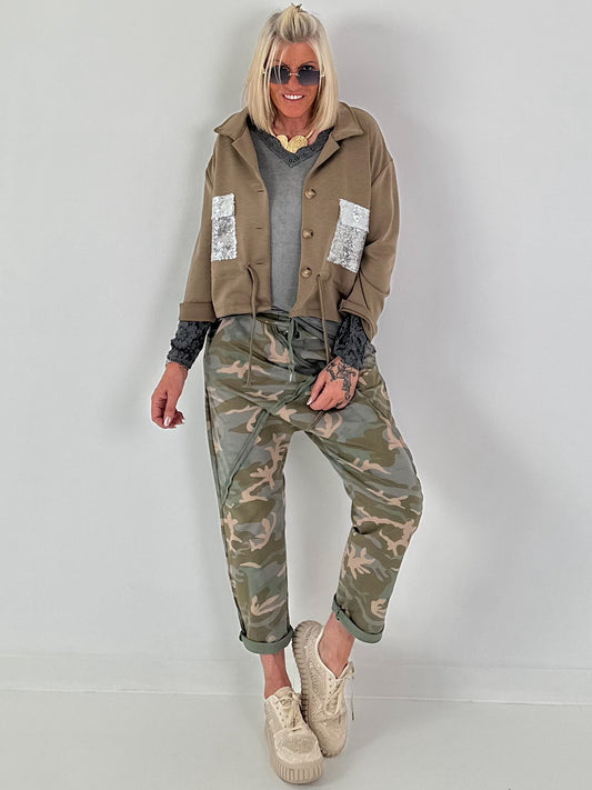 Jacket with sequin pockets - taupe
