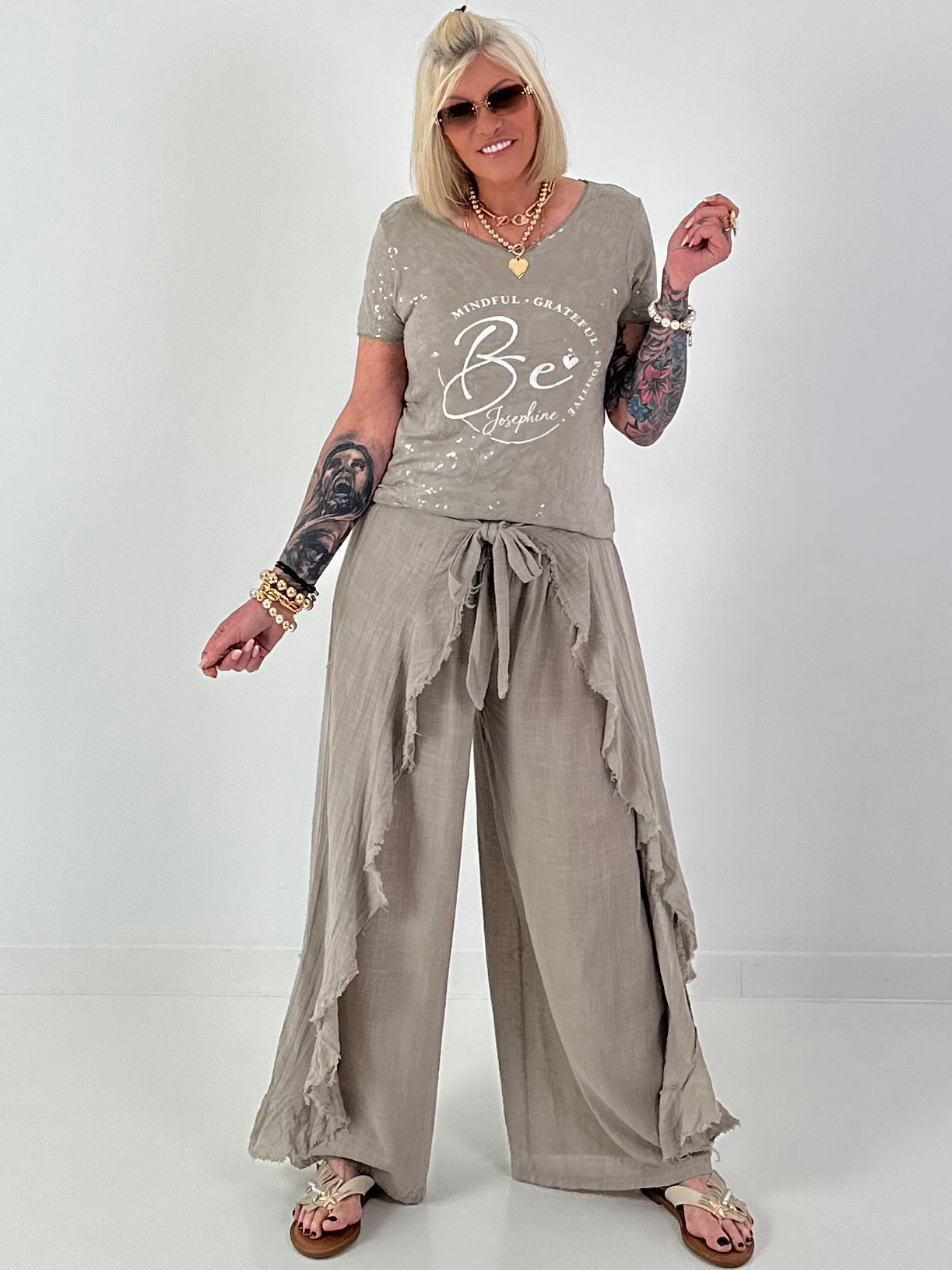 T-Shirt mit transparenten Pailletten - taupe