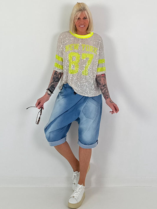 Pailletten T-shirt New York - zilver-neongeel