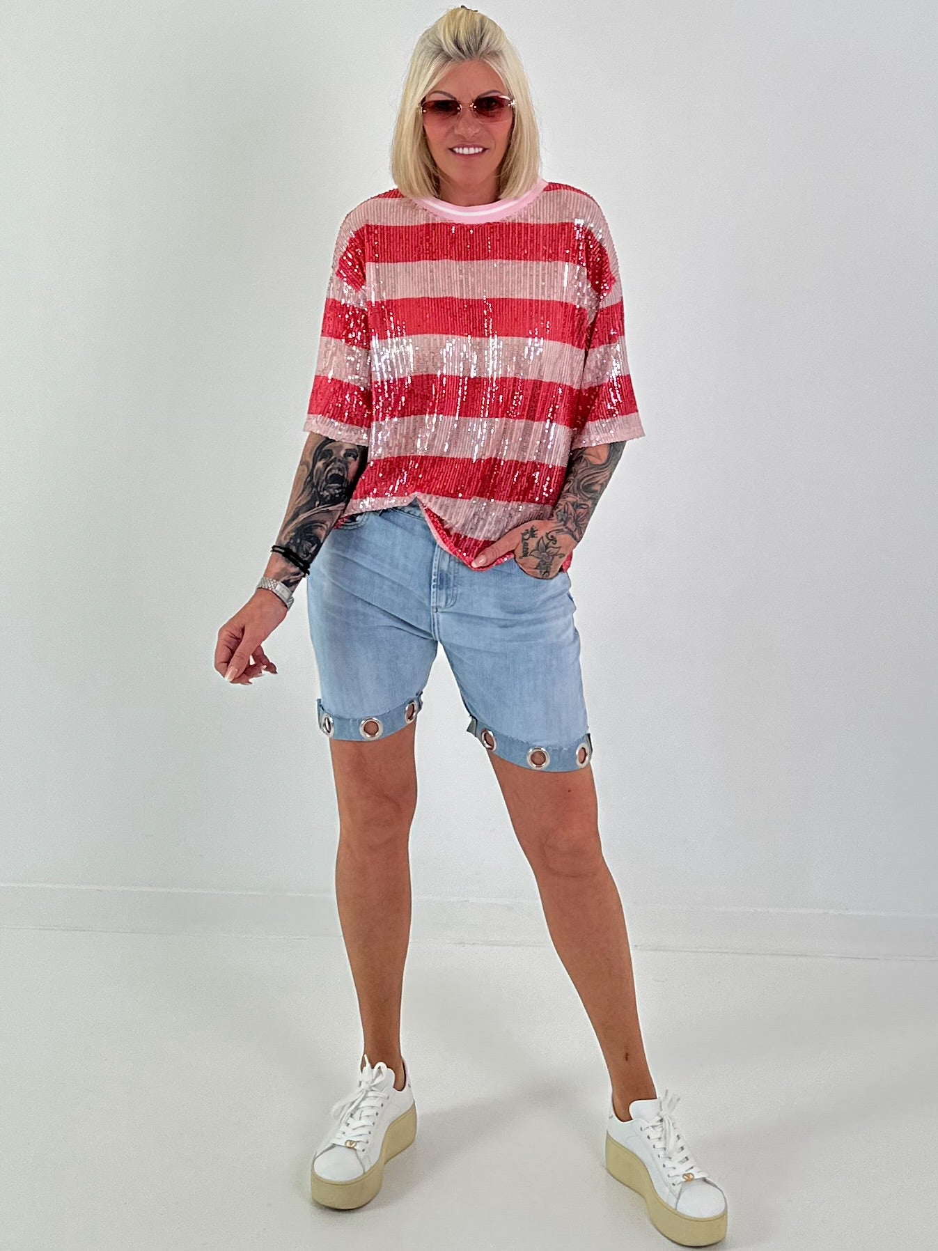 Pailletten Shirt mit Streifen - rot-rosa