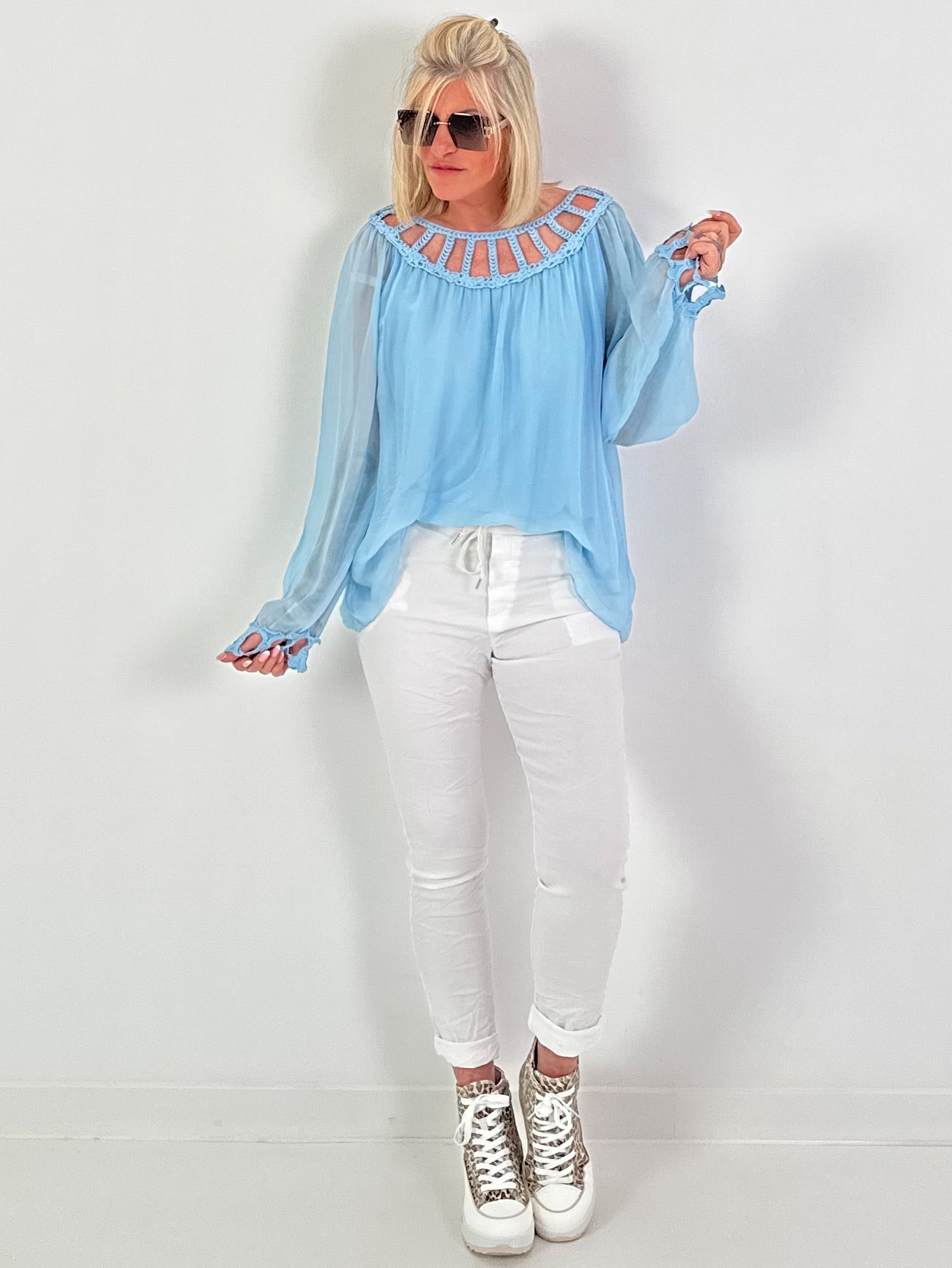 Silk tunic with crocheted neckline - light blue