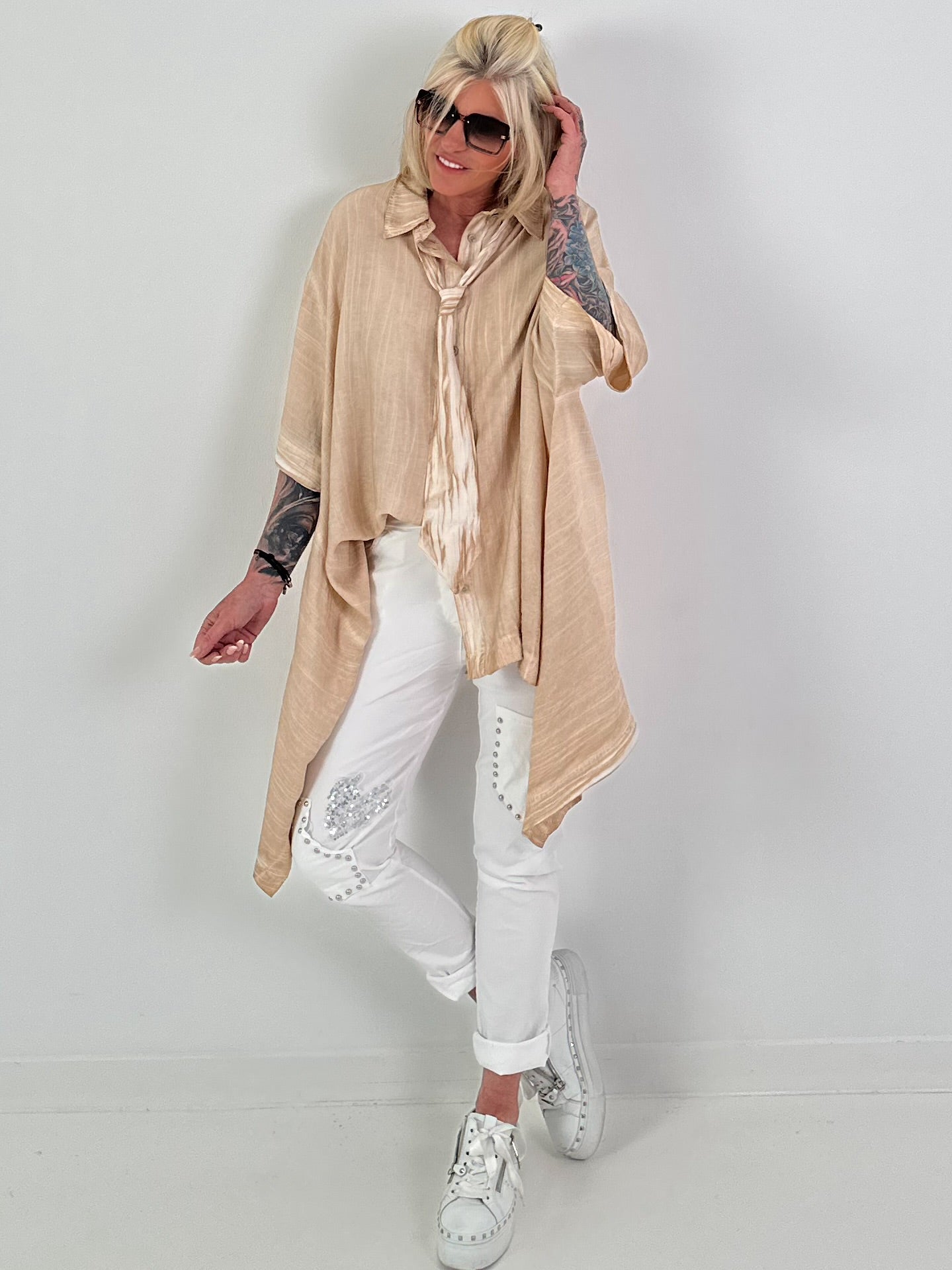 Oversized asymmetrical blouse with tie - sand