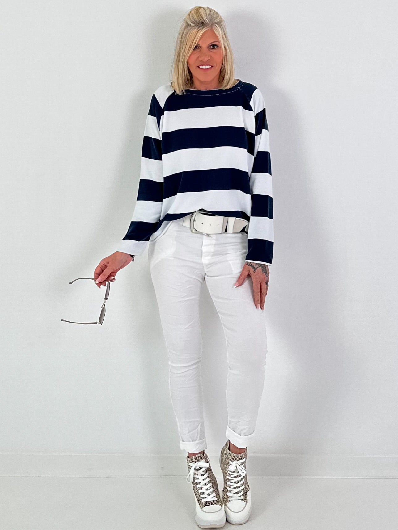 Block stripe sweater - dark blue-white