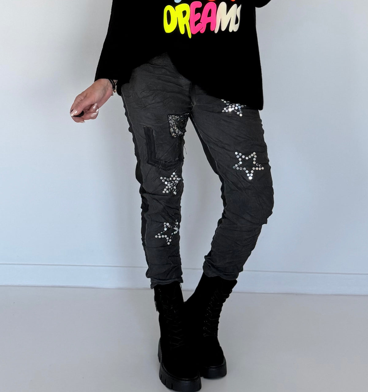 Hose im Materialmix - used-black