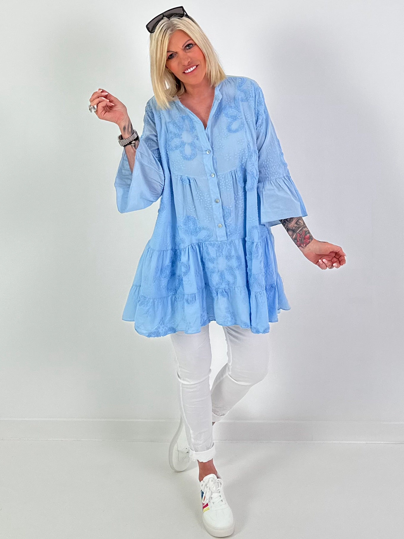 Tunic/Dress with Terry Appliqué - light blue