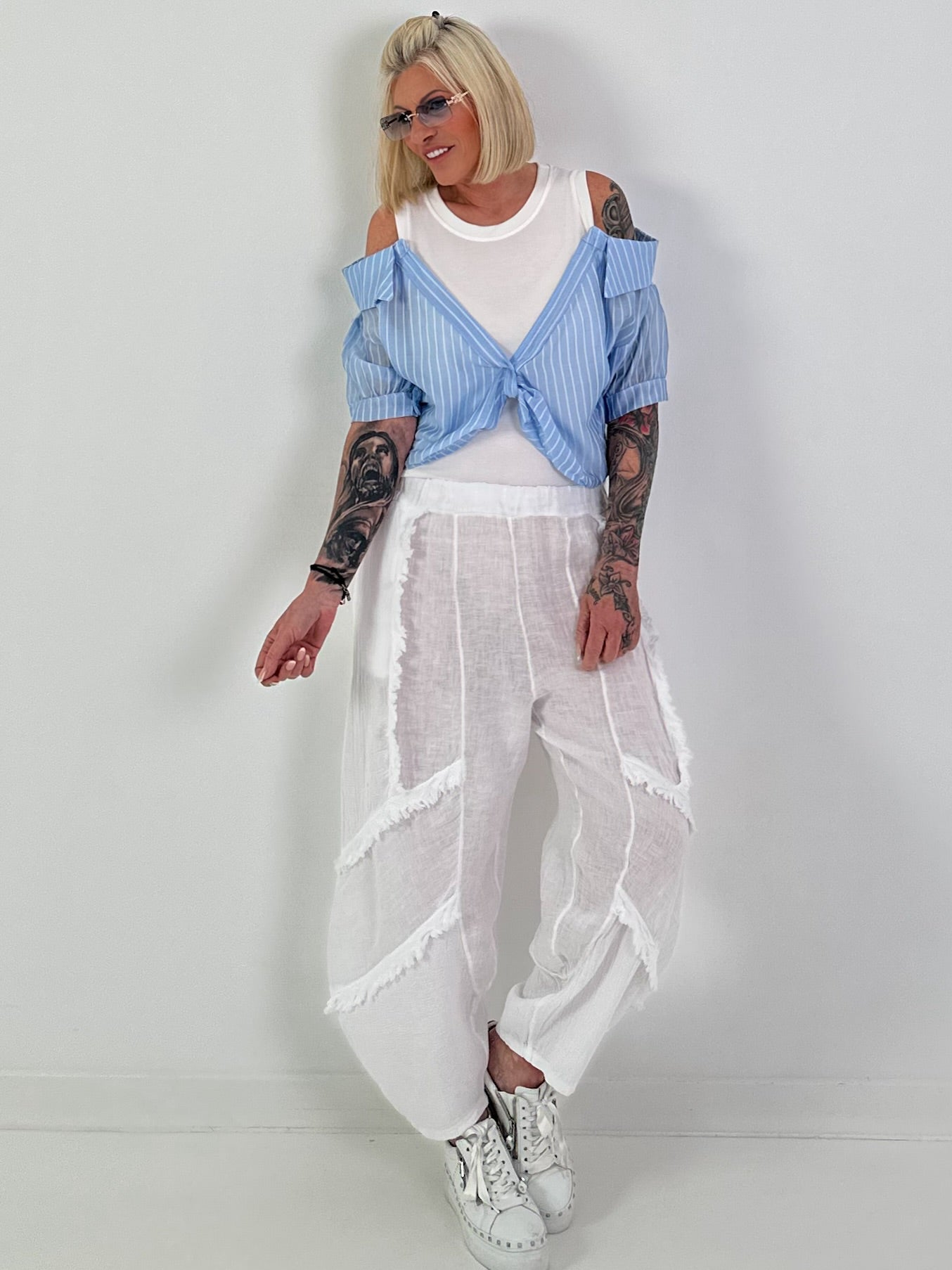 Ribbed top with blouse layering - white-light blue