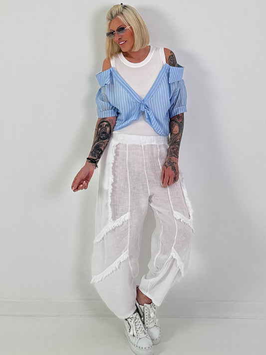 Ripp Top mit Blusen Layering - weiss-hellblau