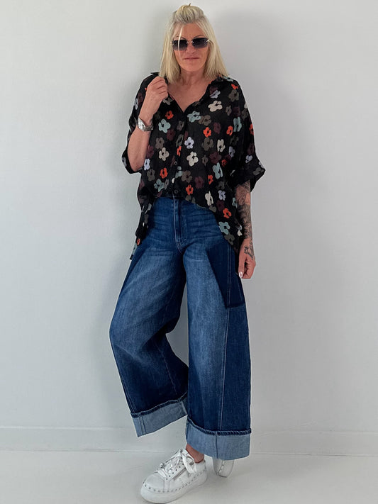 Leichte oversized Bluse mit Muster - schwarz-mehrfarbig
