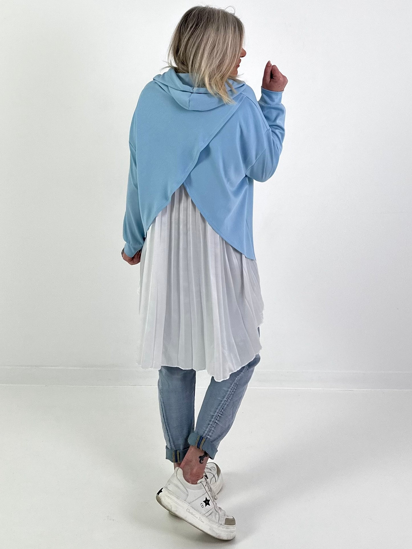 Long Hoodie mit Plissee-Einsatz - hellblau