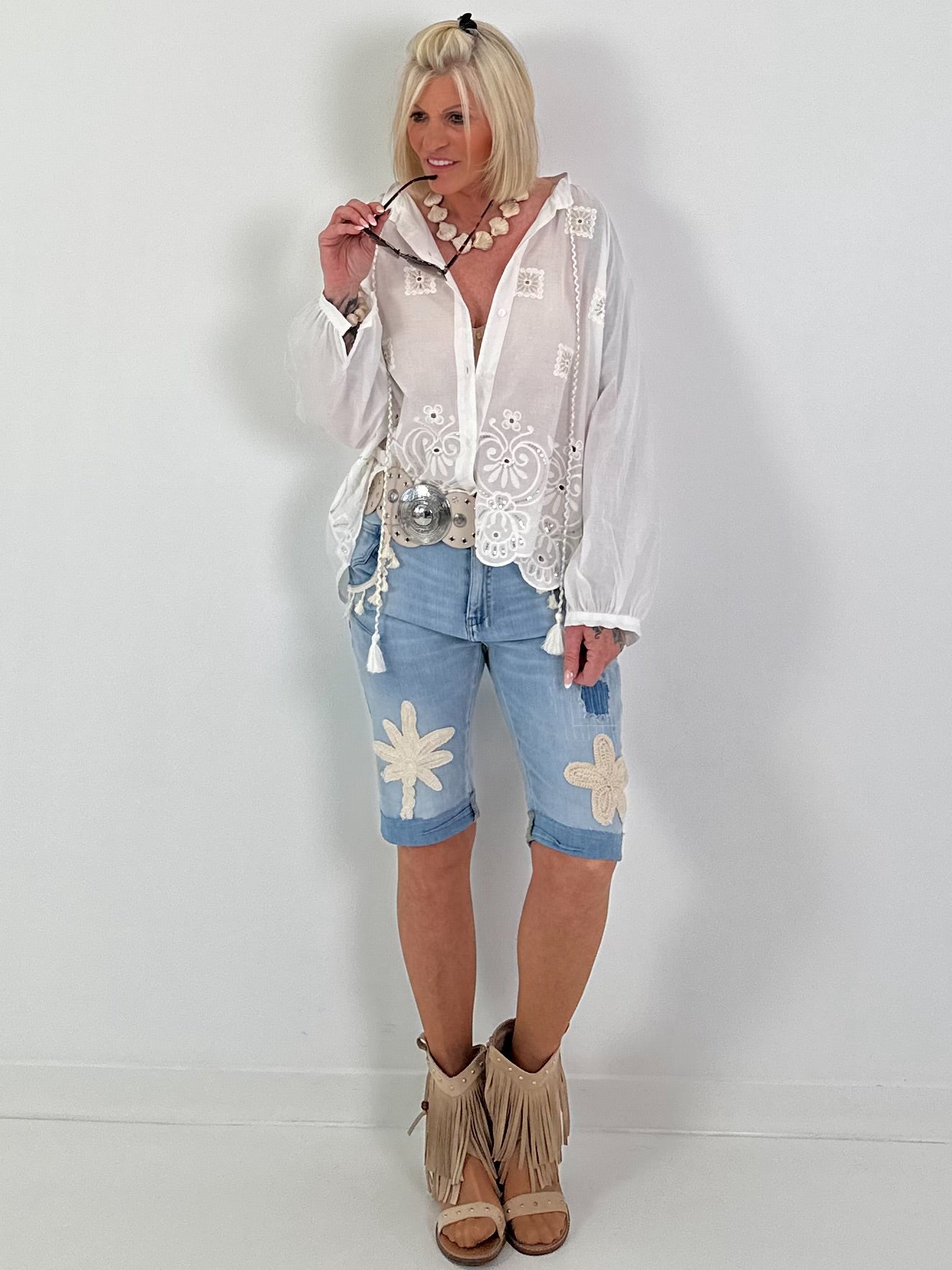 Boho blouse with elaborate details - white