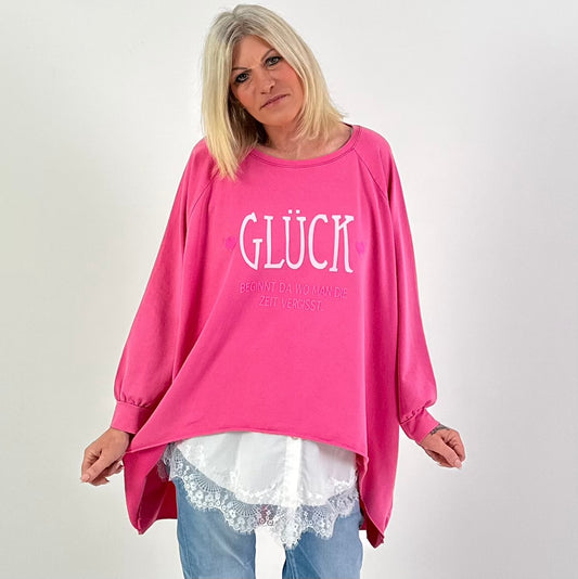 Oversized stonewashed Sweatshirt Modell "Glück..." - pink