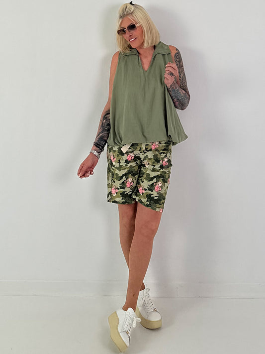 Ballon Blusen Top mit V-Neck - khaki