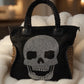 Stylish Canvas Bag with Genuine Leather Details Skull - black-silver-leopard camel