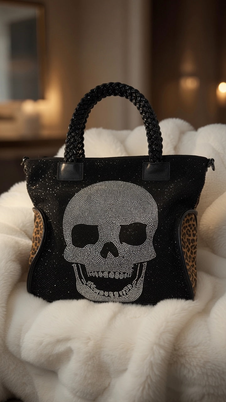 Stylish Canvas Bag with Genuine Leather Details Skull - black-silver-leopard camel