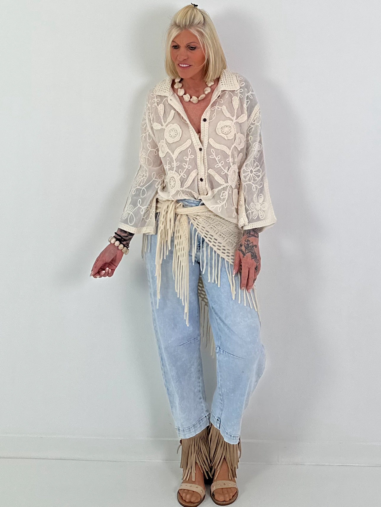 Boho Blouse with Crochet Collar - Beige