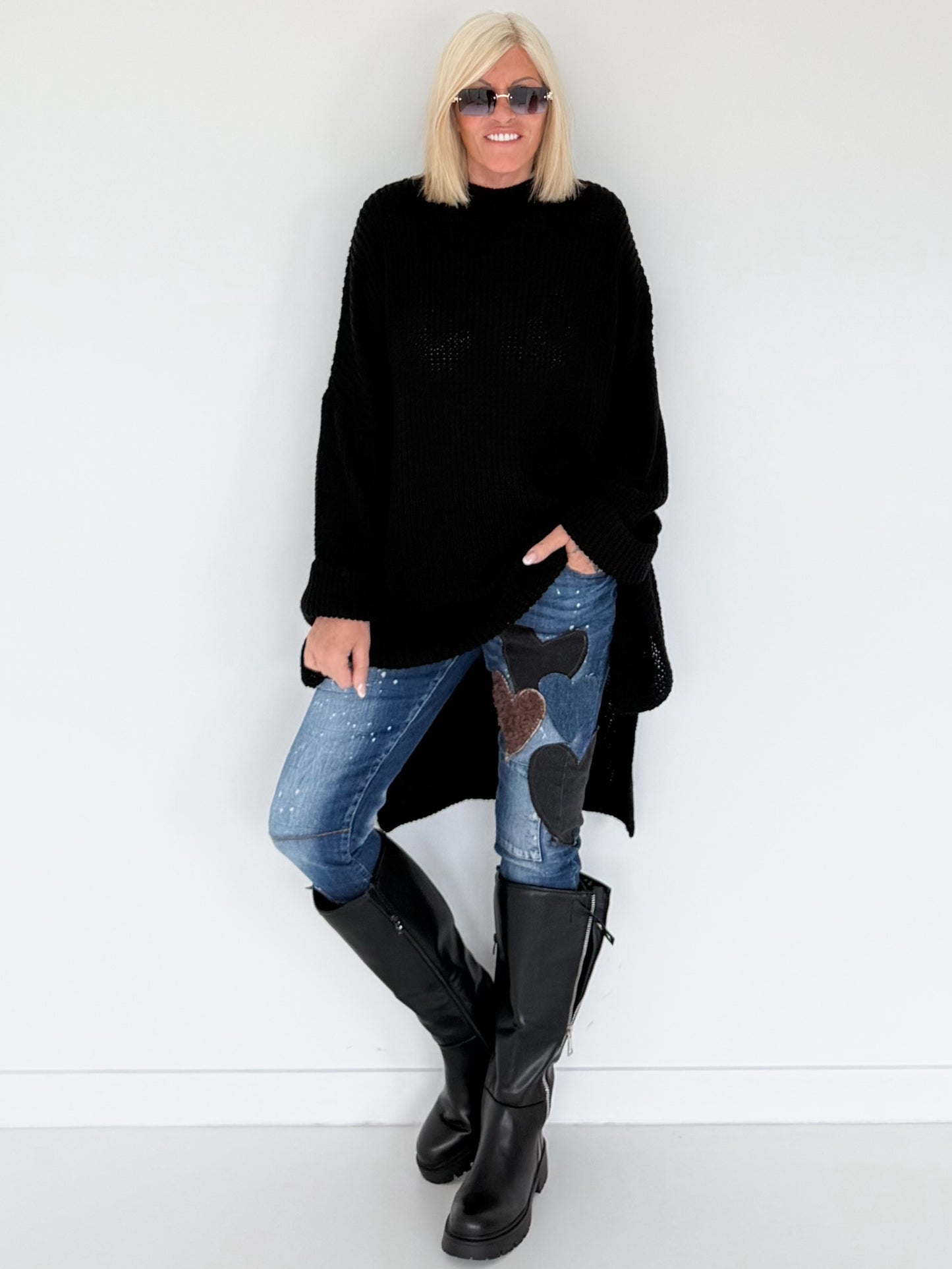 Long Strickpullover - schwarz