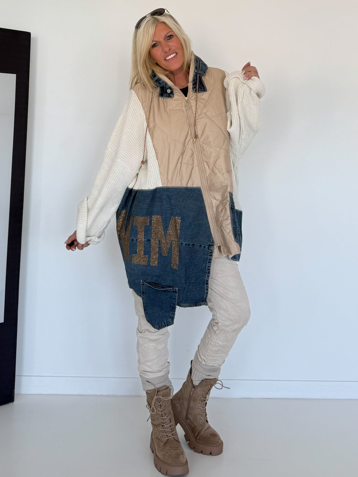 Asymmetrische Oversized Jacke im Materialmix - beige-ecru-denim