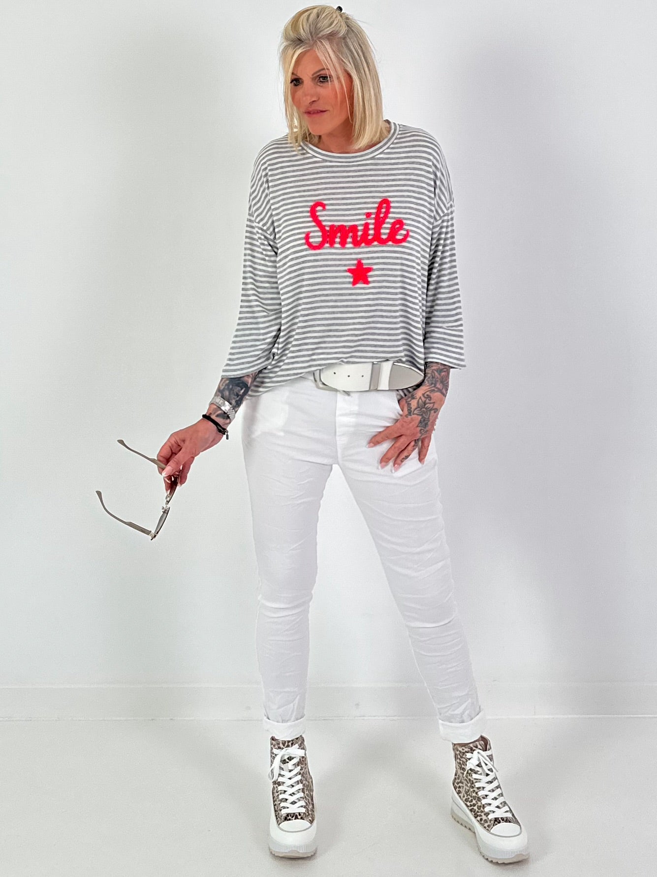 Shirt mit Streifen Smile - grau-weiss
