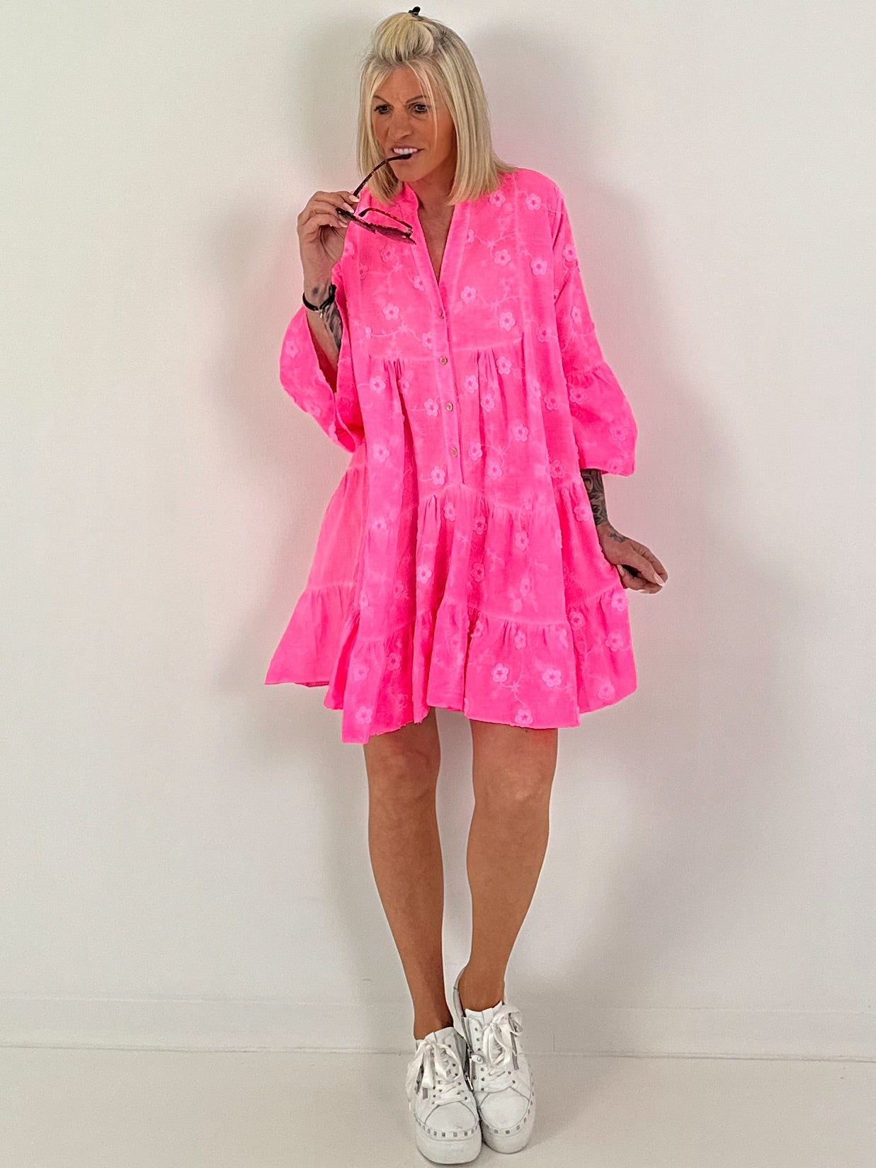 Tunic/dress with floral pattern - neon pink
