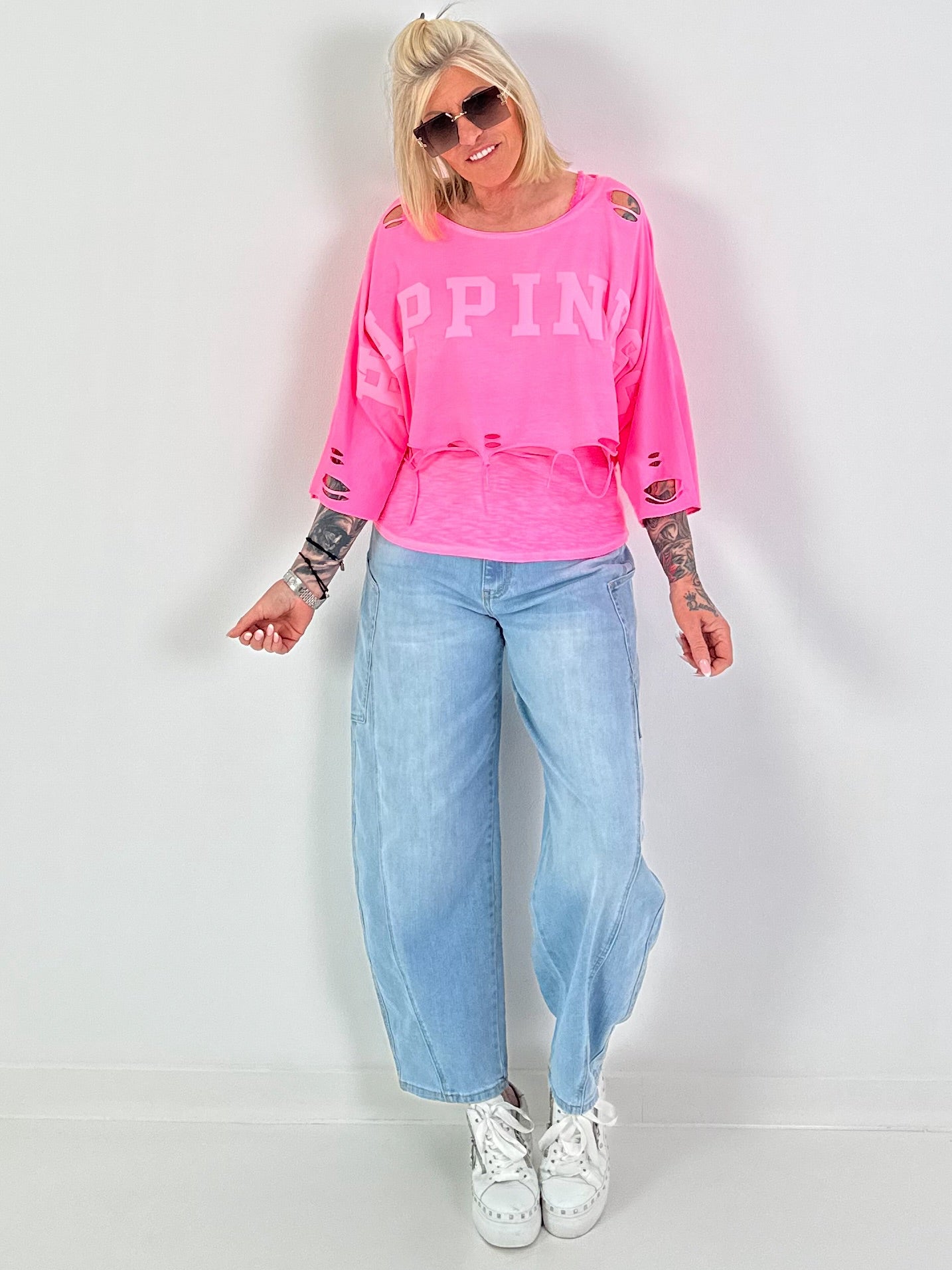 Cropped Sweater Happiness - neon pink