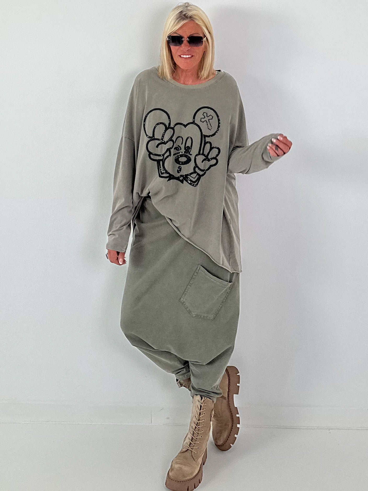 Oversized Sweater mit Paillettenprint - khaki