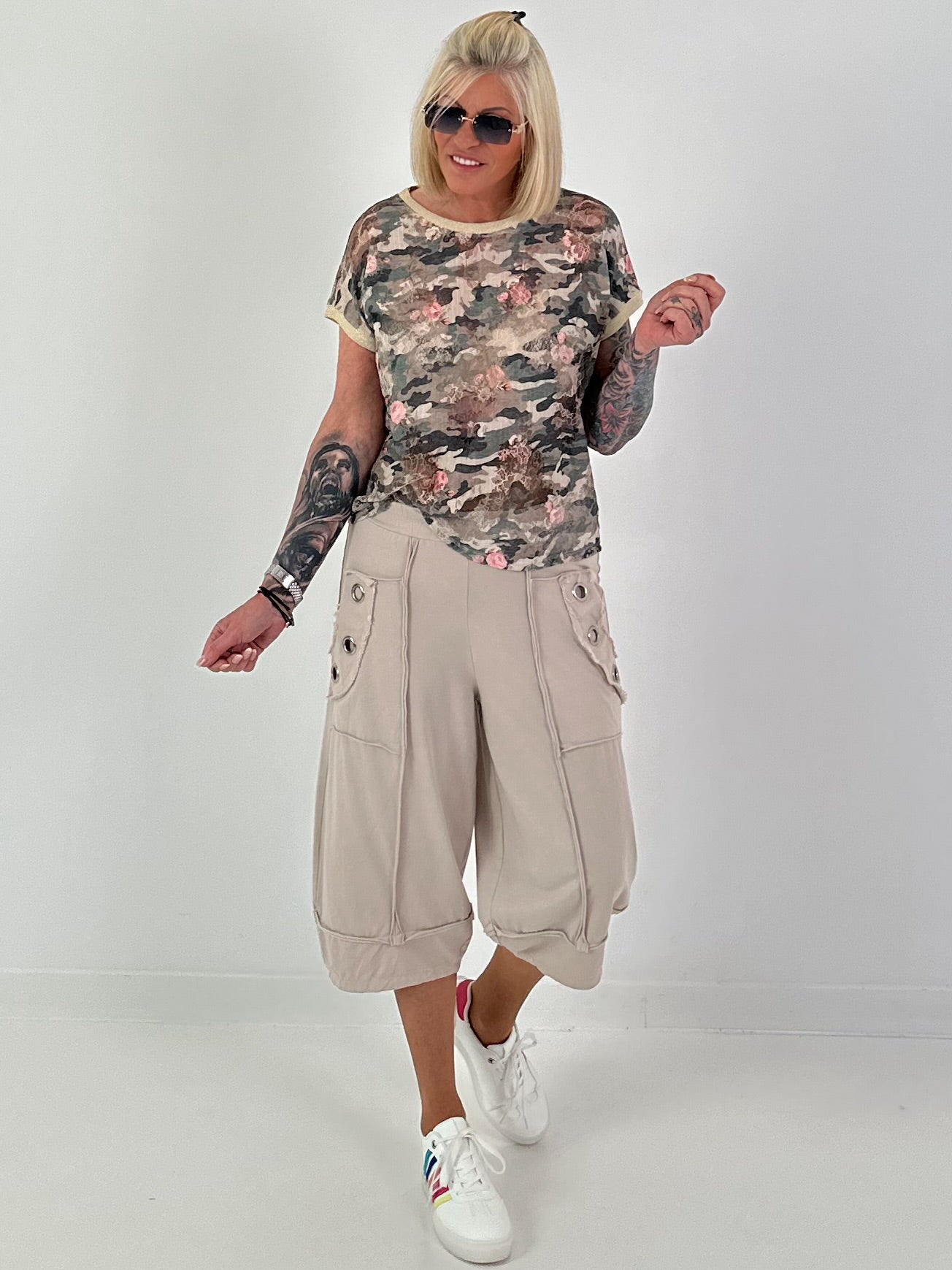 Camouflage Shirt with Lace Inserts - taupe multi-colored