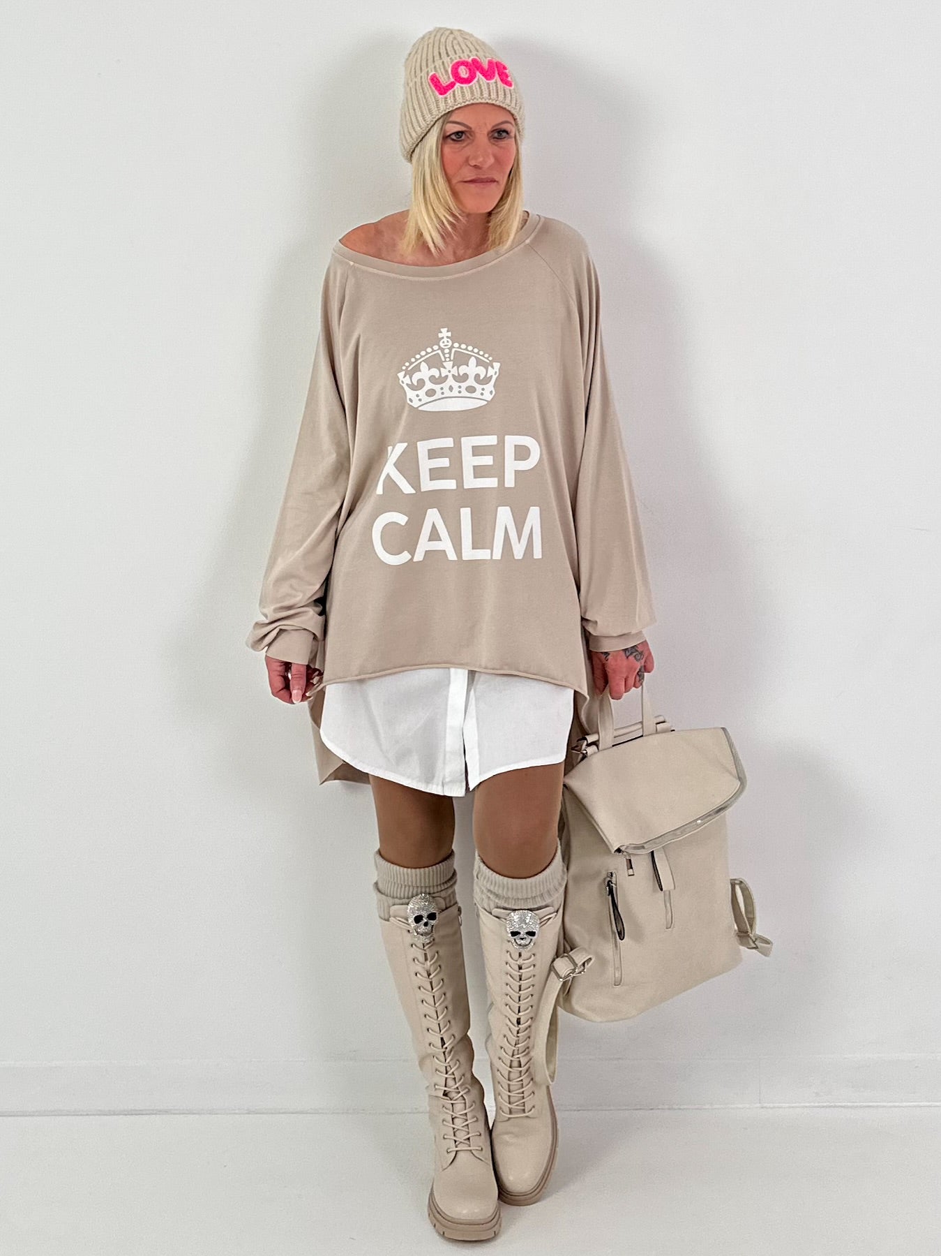 Oversized shirt model "KEEP CALM" - beige