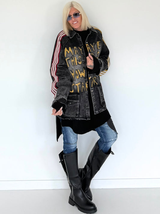 Oversized Jeansjacke mit Pailletten - used-black ( lieferbar ab ca. 01.09.26)