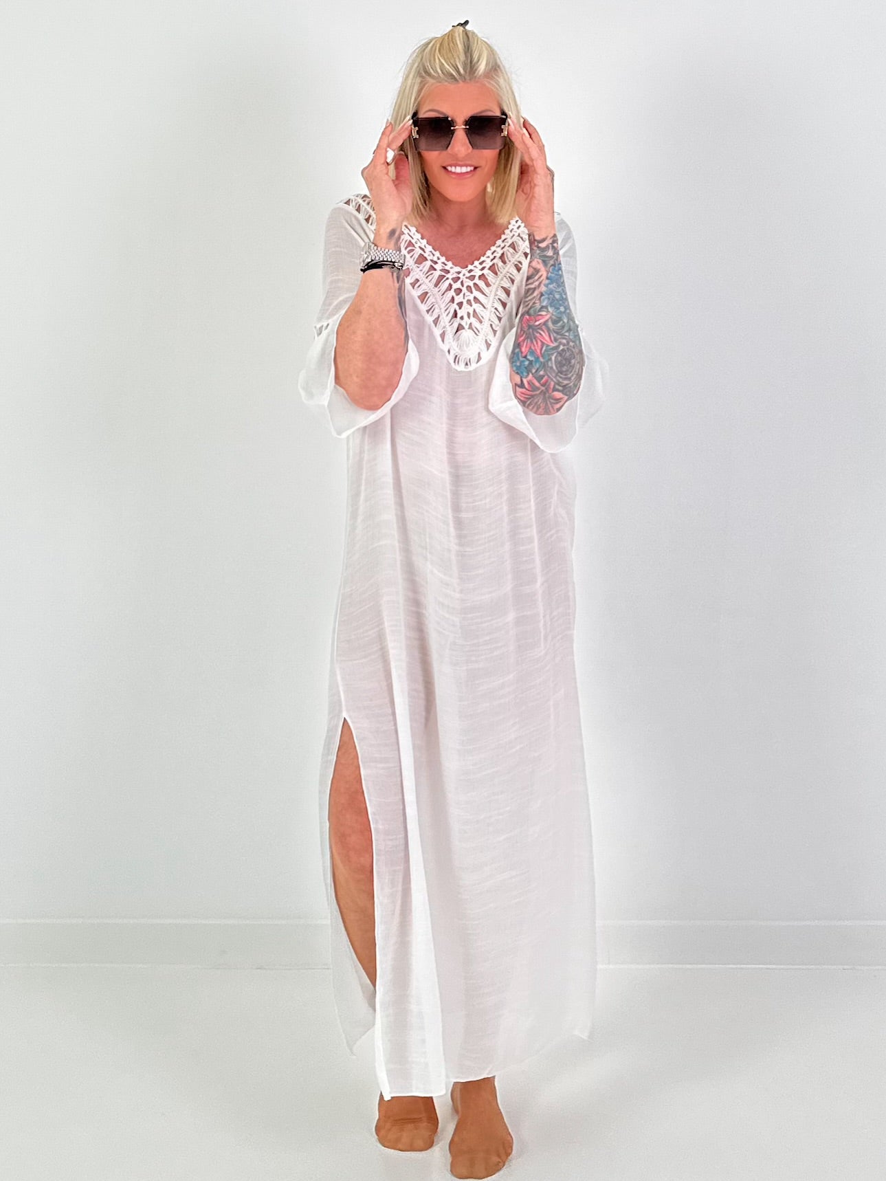 Ibiza dress with crochet inserts - white