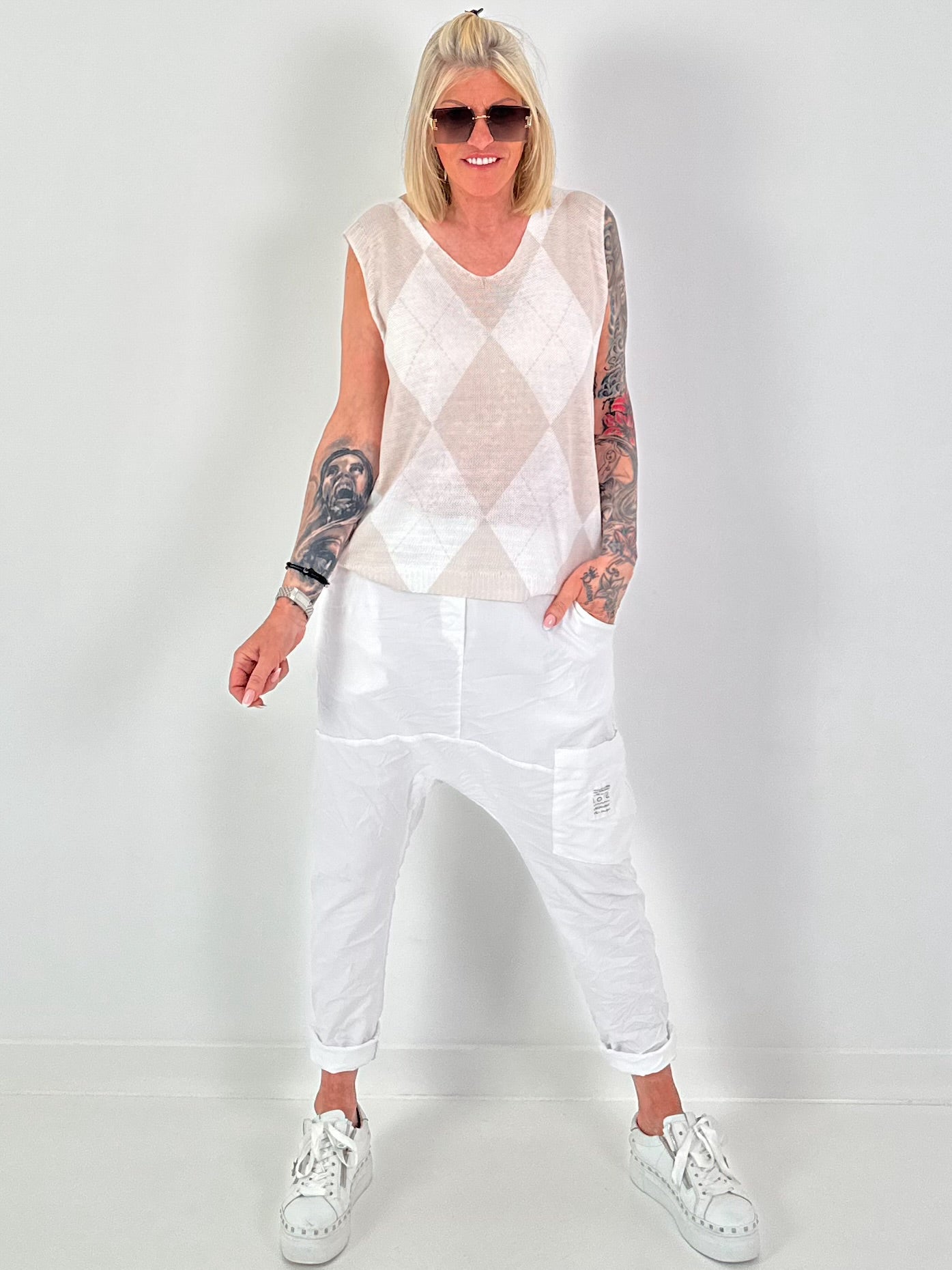 Pullunder mit Raute - weiss-beige