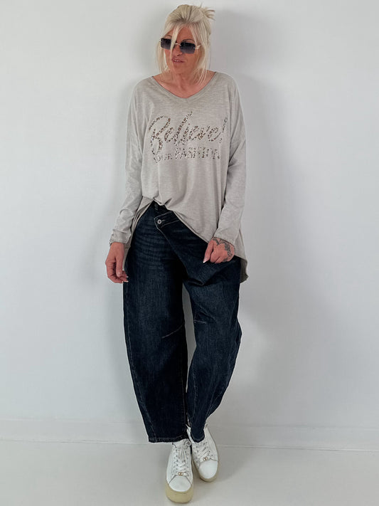 Oversized Shirt mit Leo-Print und Strass-Details - taupe