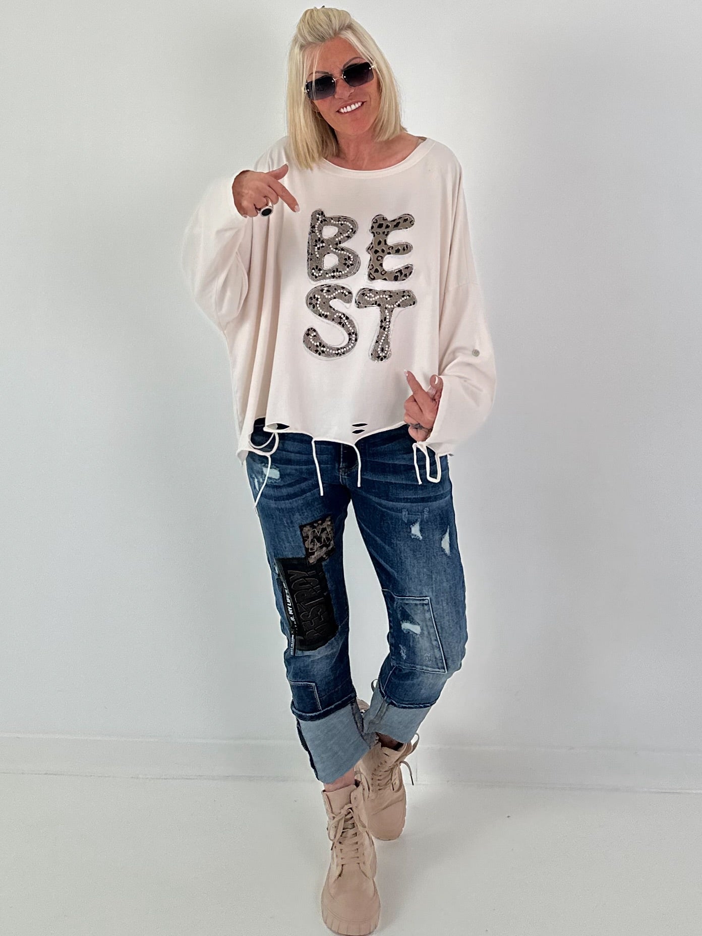 Oversized Sweatshirt mit aufwendigen Details - beige