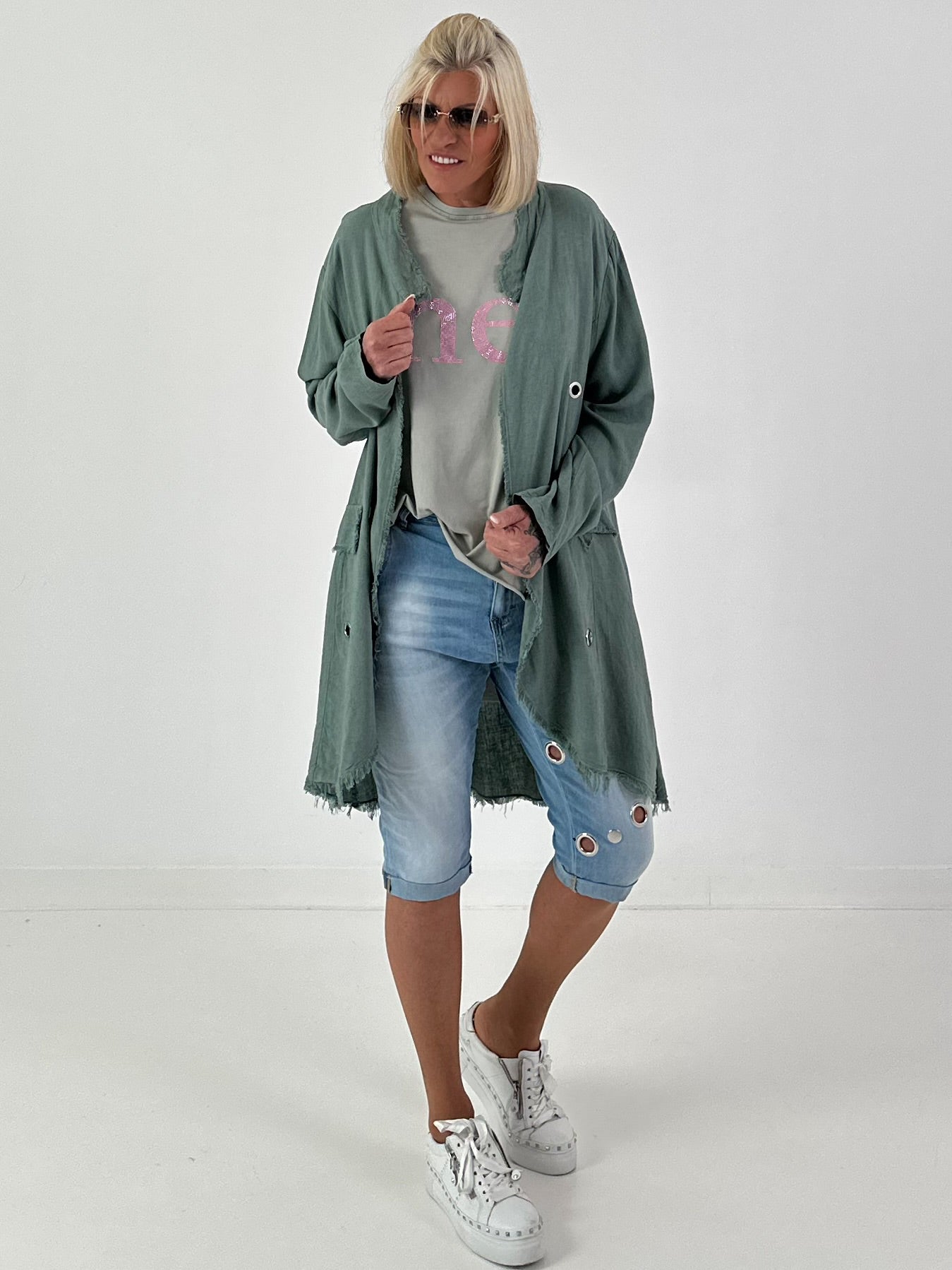 Linen Short Coat with Eyelets - Khaki