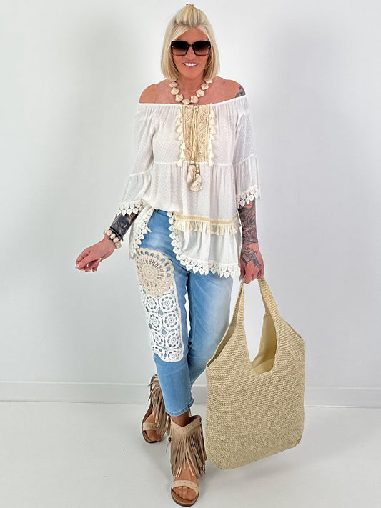 Boho Tunic with Crochet Details - White