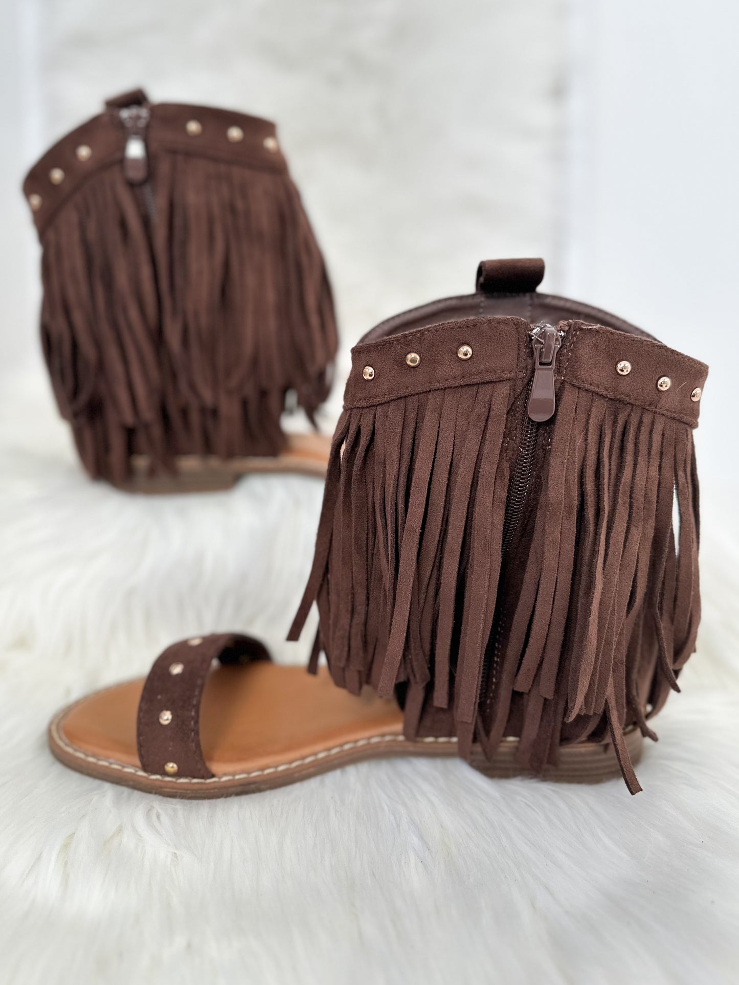 Boho Sandals with Fringes - dark brown