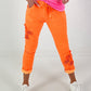 Trousers with crochet flowers - neon orange